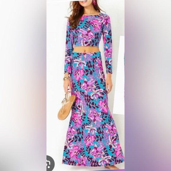 Set of 2, Lilly Pulitzer Nissi Floral Maxi Skirt & Long Sleeve Shirt, EUC - Picture 3 of 13
